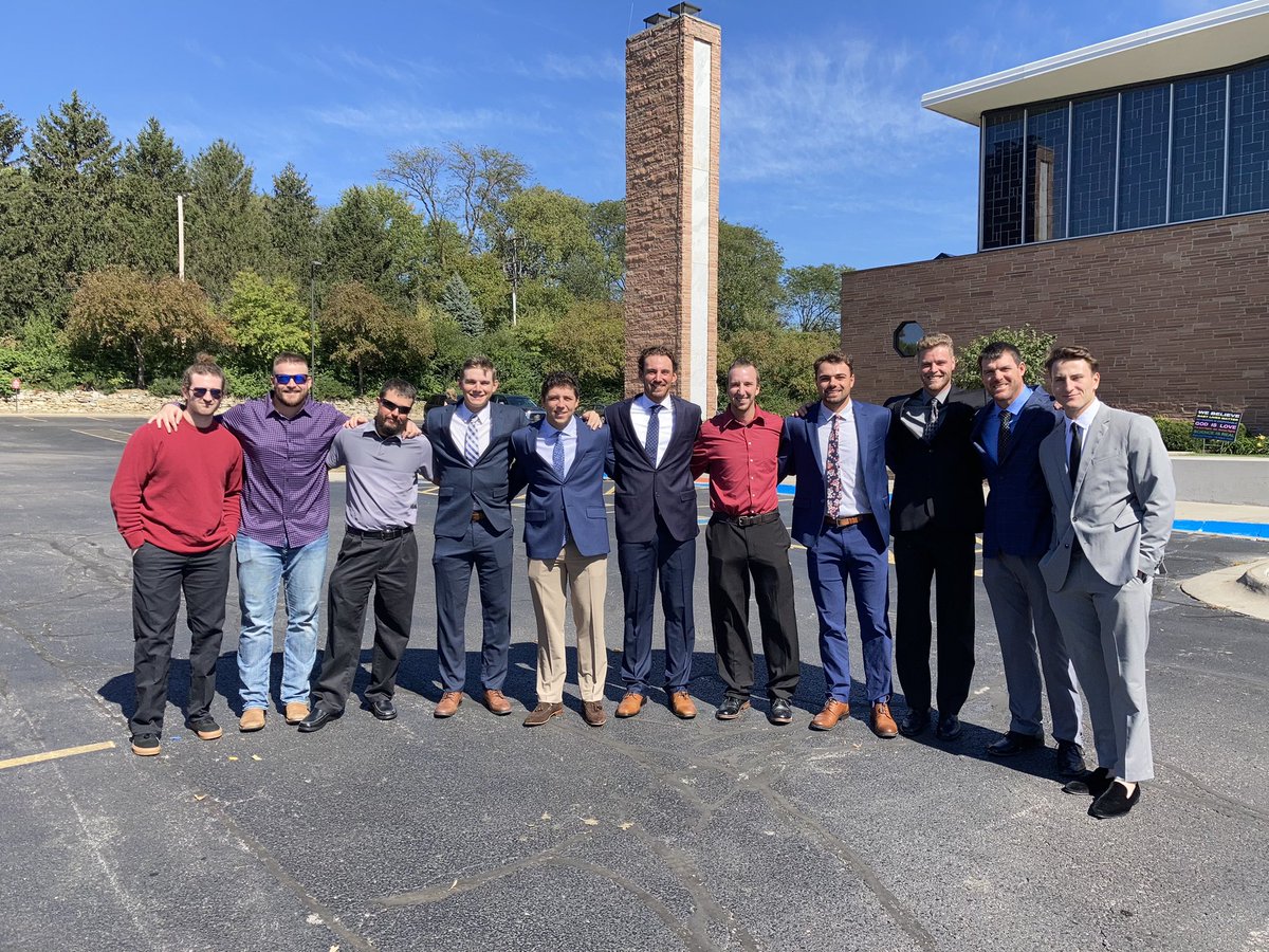 BUBruinBaseball's tweet photo. Coaches and players looking sharp at Riley Baasch’s wedding.  Congrats Riley and Claire! Many years of happiness as you embark on your journey together. https://t.co/WbZLFkKBoA
