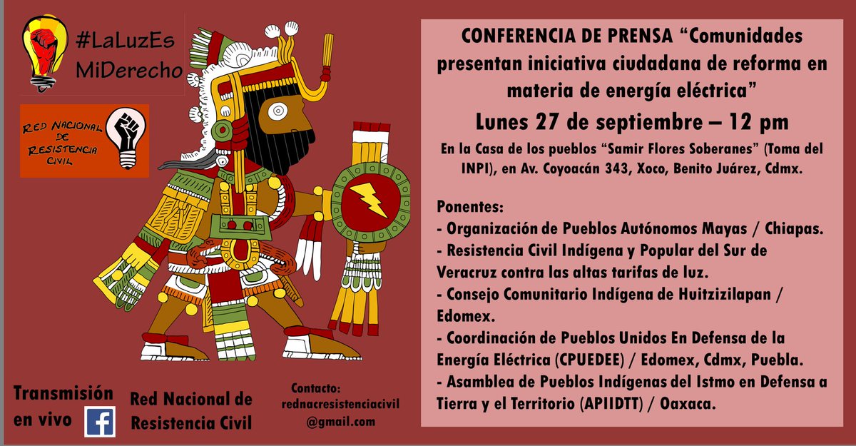 Las 19 organizaciones que integramos la Red Nacional fijaremos postura ante la reforma en materia energética propuesta por el Ejecutivo. Mañana 27 Sep. a las 12 pm, conferencia de prensa.
Evento:
fb.me/e/106P2XNlq