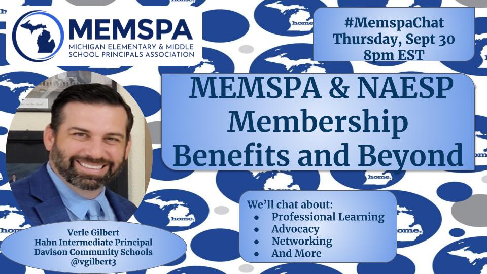 vgilbert3's tweet photo. Join #MemspaChat for @MEMSPA &amp; @NAESP Membership Benefits &amp; Beyond Thurs 8pm EST
#NAESPChat
#AussieEd #TeachPos
#2ndChat #BCEdChat
#GoalChat #SunChat
#PeopleSkillsChat
#TeachMindful #OrEdChat
#BookCampPD
#TeachNVchat #RGVEduChat
#JoyWorkEdu #BuildHopeEDU
#ElMusEdChat https://t.co/gp3TaH7601