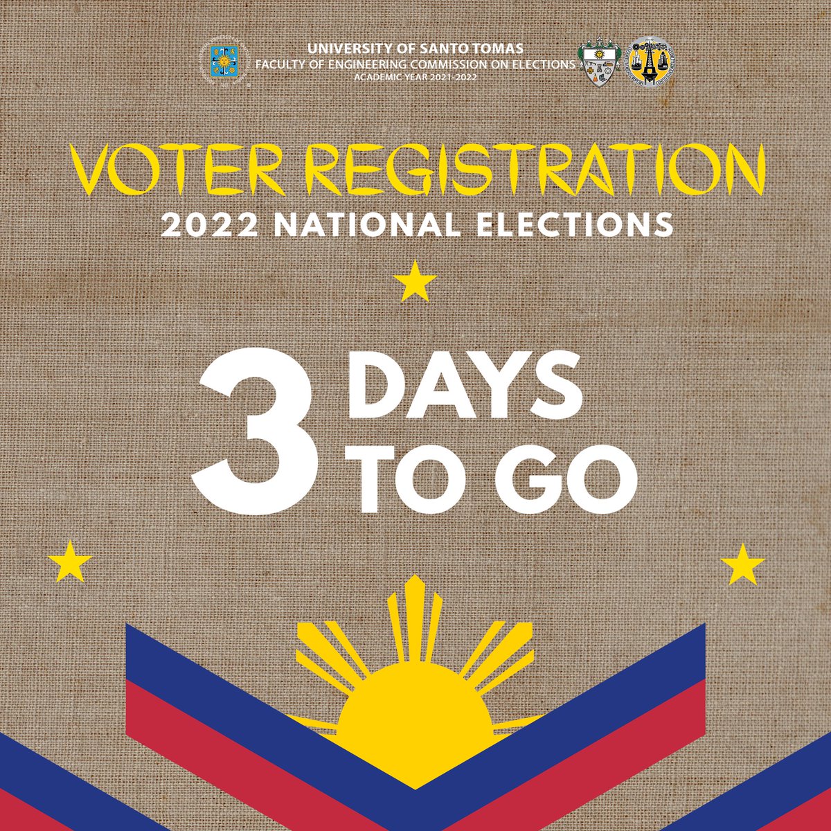 3 DAYS TO GO before the last day of voter registration!

Let's make the #2022NLE count by being part of the next generation's shout for change.
Register to vote by visiting your local COMELEC office now!

#MagpaRehistroKa
#USTEnggSeasonsOfLeadership https://t.co/4WVmnb3QZe.