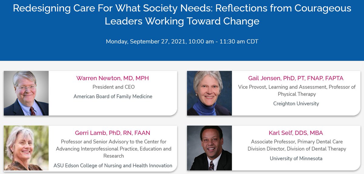 nexusipe's tweet photo. Join us for today's plenary at 10 a.m. CDT to hear from Dr. Warren Newton, ABFM President and CEO, and a panel of IPE leaders (Drs. Gail Jensen, Gerri Lamb, and Karl Self) about the bold steps they are taking toward practice change: https://t.co/8myz2J8pMd https://t.co/0GMCOzj5zV