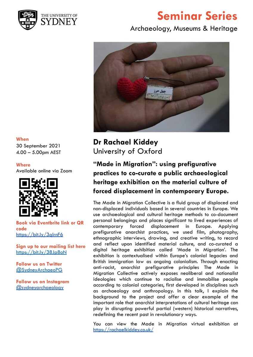 SydneyArchaeoPG's tweet photo. This week's #Archaeology, #Museums and #Heritage seminar will be hosted by Dr @RachaelKiddey , University of Oxford, 'Made in Migration: using prefigurative practices to co-curate a public archaeological heritage exhibition', Thursday, 4pm.
Register here: https://t.co/99NBUX0NnE https://t.co/uKXnOnUQ8Y