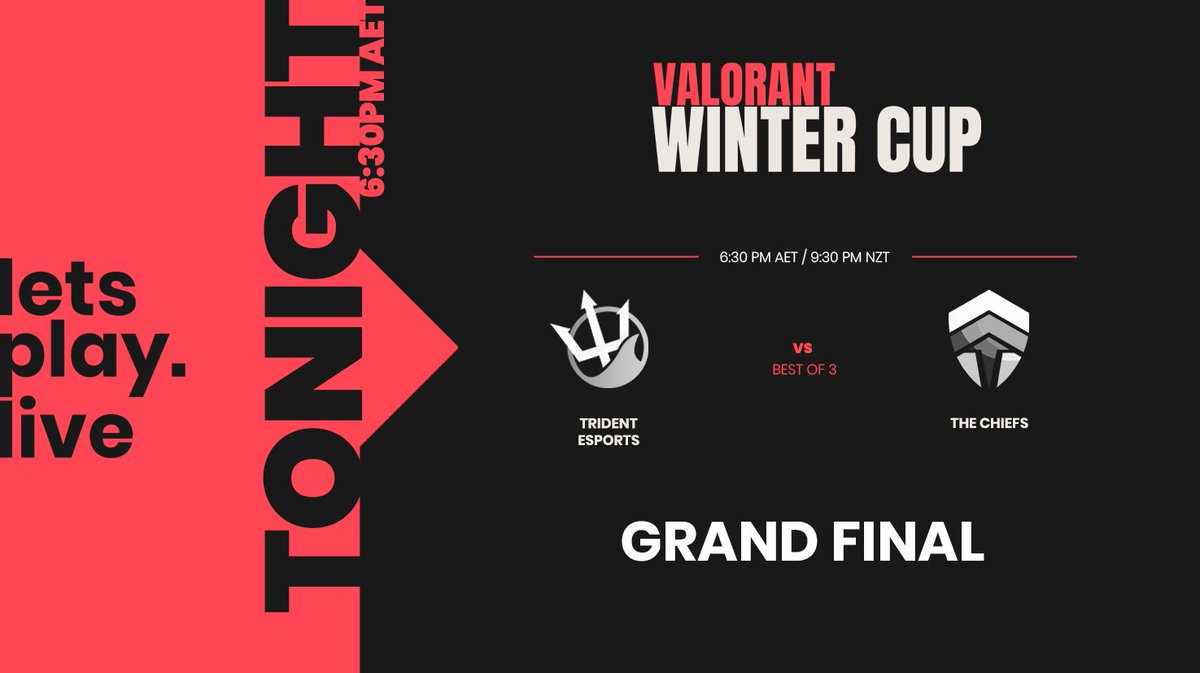 LPL Valorant Legends continues TONIGHT with the Valorant Winter Cup GRAND FINALS! ❄️

Grand Finals!
<a href="/TridentEsports/">Trident Esports</a> 🆚 <a href="/ChiefsESC/">The Chiefs</a>

💬 <a href="/TwoTapTony/">Tony</a>

⏰ 6:30PM AET / 9:30PM NZT
📺 twitch.tv/lpl_valorant

#LPLVALORANT