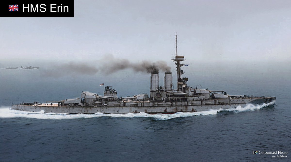 Rich_Ships's tweet photo. 🇬🇧 HMS ERIN

Vickers-Armstrong - Barrow-in-Furness

#Erin I - For Eirinn, Irish for Ireland

Laid 6-Dec-1911
Launch 3-Sep-1913
Comm Aug-1914
Sold 19-Dec-1922

Ordered by Ottomans as Resadiye. Seized by #RN 1914
 
#Jutland
2ndBS, 1stDIV 4th in line
Did not fire main guns

#HMSErin https://t.co/p4FT0MvB9A