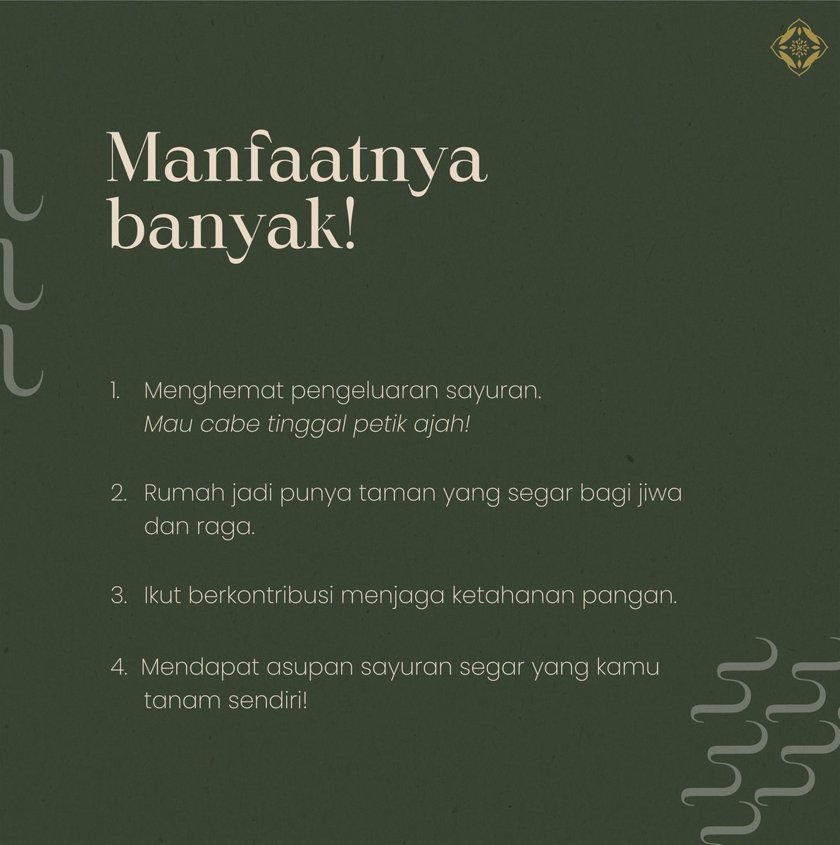 arvinpratama__'s tweet photo. Suka bertani tapi tidak punya halaman di rumah? Home Farming bisa loh jadi solusinya. Tinggal tempel deh tanaman di tembok, atap carport, rooftop, pot dan jadi deh.

@LPDP_RI 

#SwasembadaAngan
#lpdp_ri
#IndonesiaTumbuhIndonesiaTangguh
#DiriUntukNegeri
#AkuPastiMengabdi
#PK175 https://t.co/zvhNHJRBRx