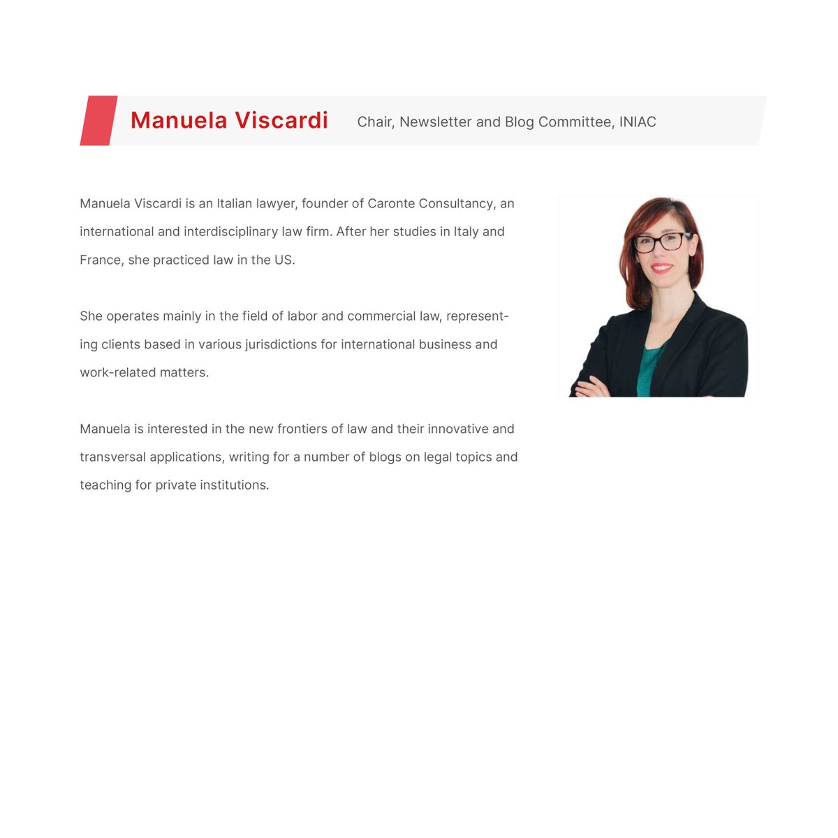iniac_org's tweet photo. Welcome back to another episode of INIAC 'Meet and Greet' featuring another member of the working group, Manuela Viscardi, the chairperson of the Blog and Newsletter Committee at INIAC. She is the founder of Caronte Consultancy, an international and interdisciplinary law firm. https://t.co/qdva5z3mld