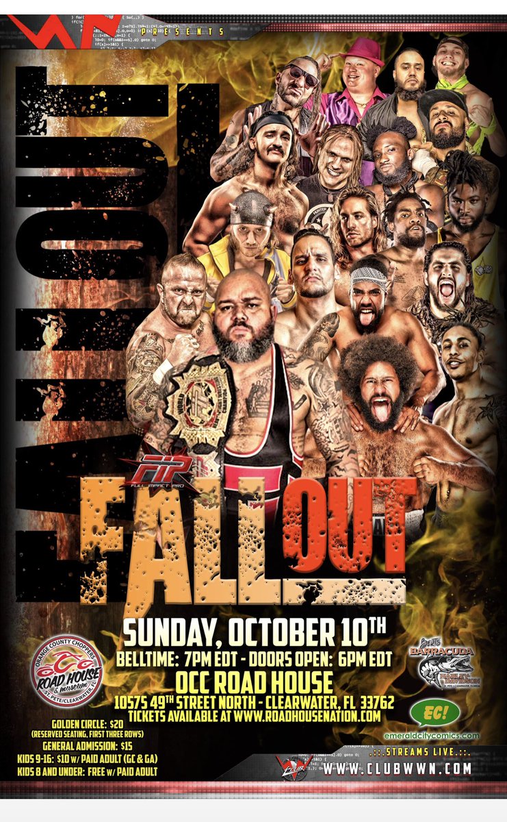 WWNFIP's tweet photo. Live wrestling! #WWNFIP returns Sunday Oct 10, for FIP #FallOut at the @occroadhouse Clearwater Fl. 
Tickets : https://t.co/0zdTjqb3CX 
Live stream; https://t.co/0UpRiotE4X (as part of your Club WWNlive subscription!)
#wrestling #indiewrestling #prowrestling https://t.co/xVeWlIm8f5