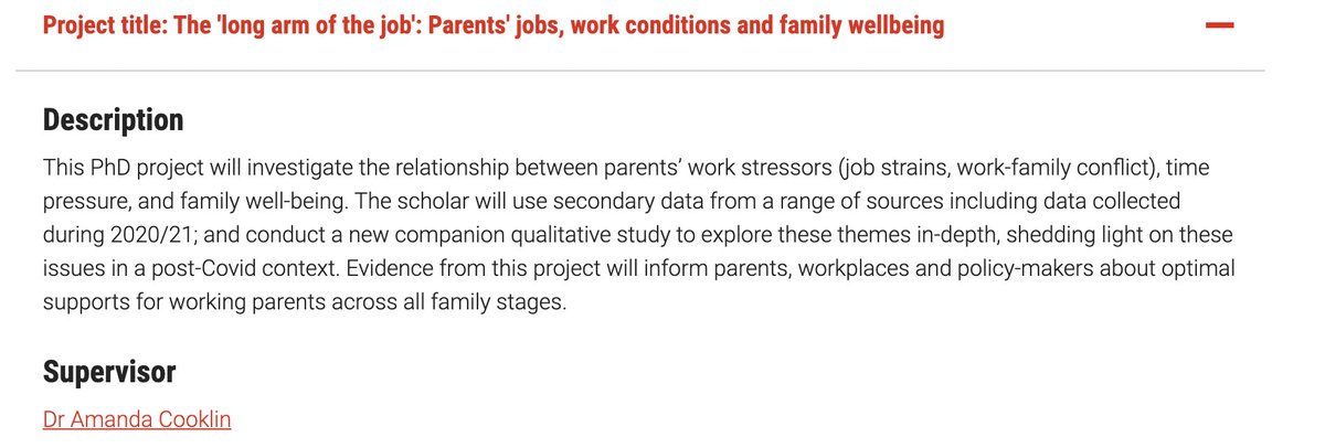 I have a PHD Scholarship looking at parents' work, wellbeing and work-family balance. Lots of data to look at and  / or you can collect your own. DM me for further information @LTUJudithLumley @LTUresearchers #workandfamily @WFRN