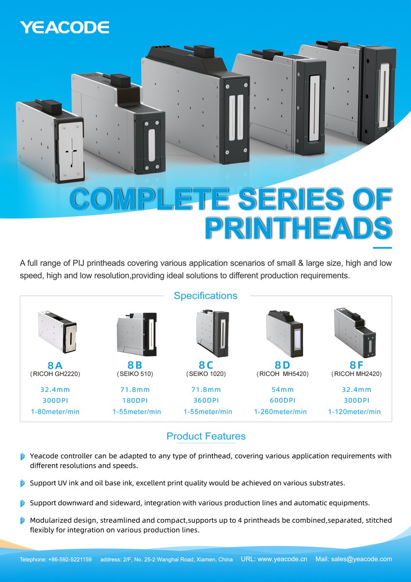 yeacode_xiamen's tweet photo. A full range of #PIJ #printheads covering various application scenarios of small &large size,high and low #DPI &speed,your ideal solution to different #coding and #marking requirements #yeacode https://t.co/dzSjLbfA3v
