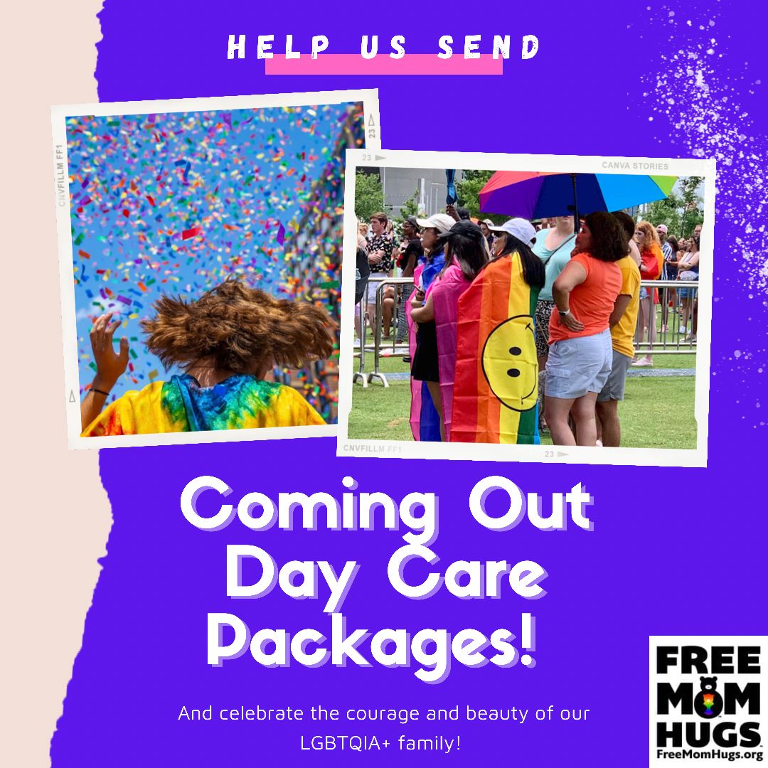 freemomhugs's tweet photo. Help us send hugs to an LGBTQIA+ person! 

We have a goal to send 50 Care Packages that will arrive just in time for #comingoutday! 
Can you help us deliver a hug to a doorstep and help make someone feel loved and celebrated? 

https://t.co/BRS1nybOgx

#freemomhugs https://t.co/j9MfKfXztd