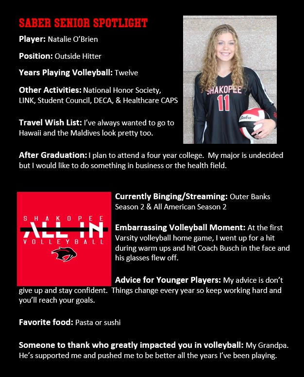 ShakopeeVball's tweet photo. Saber Senior Spotlight!  #ALLIN
@Natalie58925913 https://t.co/T6cLbTz0zM