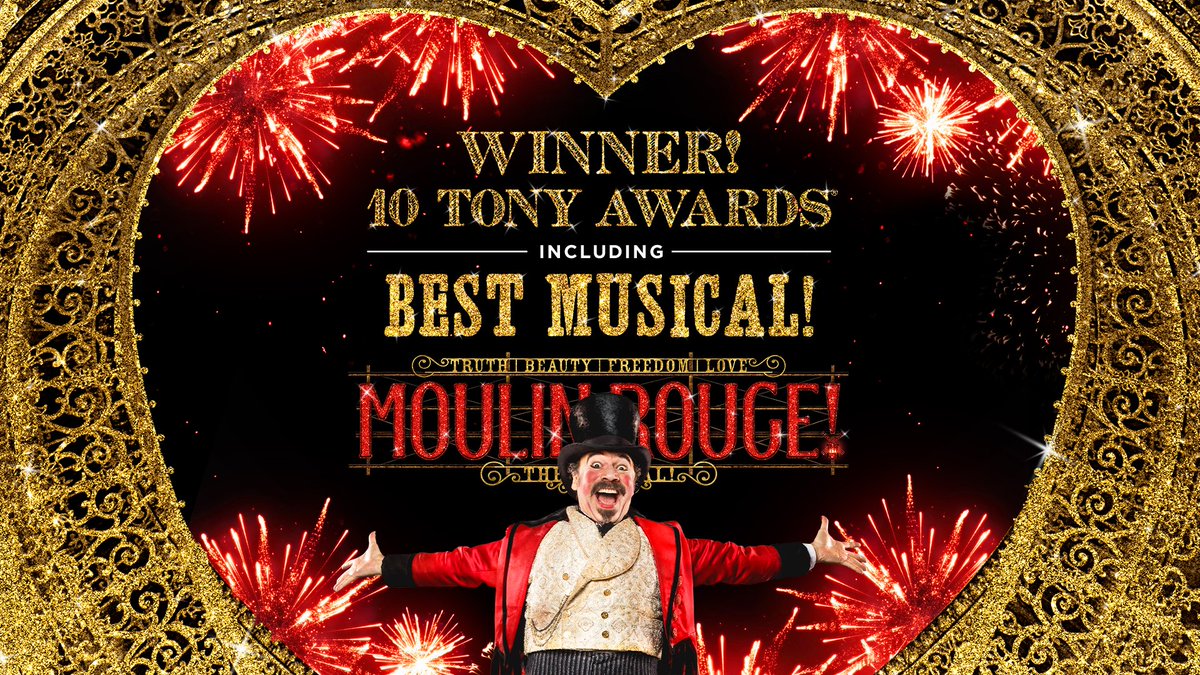 MoulinRougeBway's tweet photo. Congratulations are in order for our Spectacular cast, crew, and creative team on their 10 Tony Awards® — including Best Musical! Tonight we raise a glass to our wonderful fans, Bohemians, and Artists alike. We wouldn't be here without you. Cheers, one and all! https://t.co/u0pu9qXTwJ