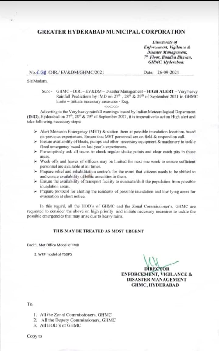 Comm_HYDRAA's tweet photo. Rainfall to intensify into heavy &amp; very heavy rainfall in the next 4-6 hours &amp; incessant rainfall may continue for the next 48 hours. High Alert has been issued to all personnel &amp; teams of GHMC. Citizens are advised to avoid any unnecessary travel. @KTRTRS @arvindkumar_ias https://t.co/la0T6ewlyG
