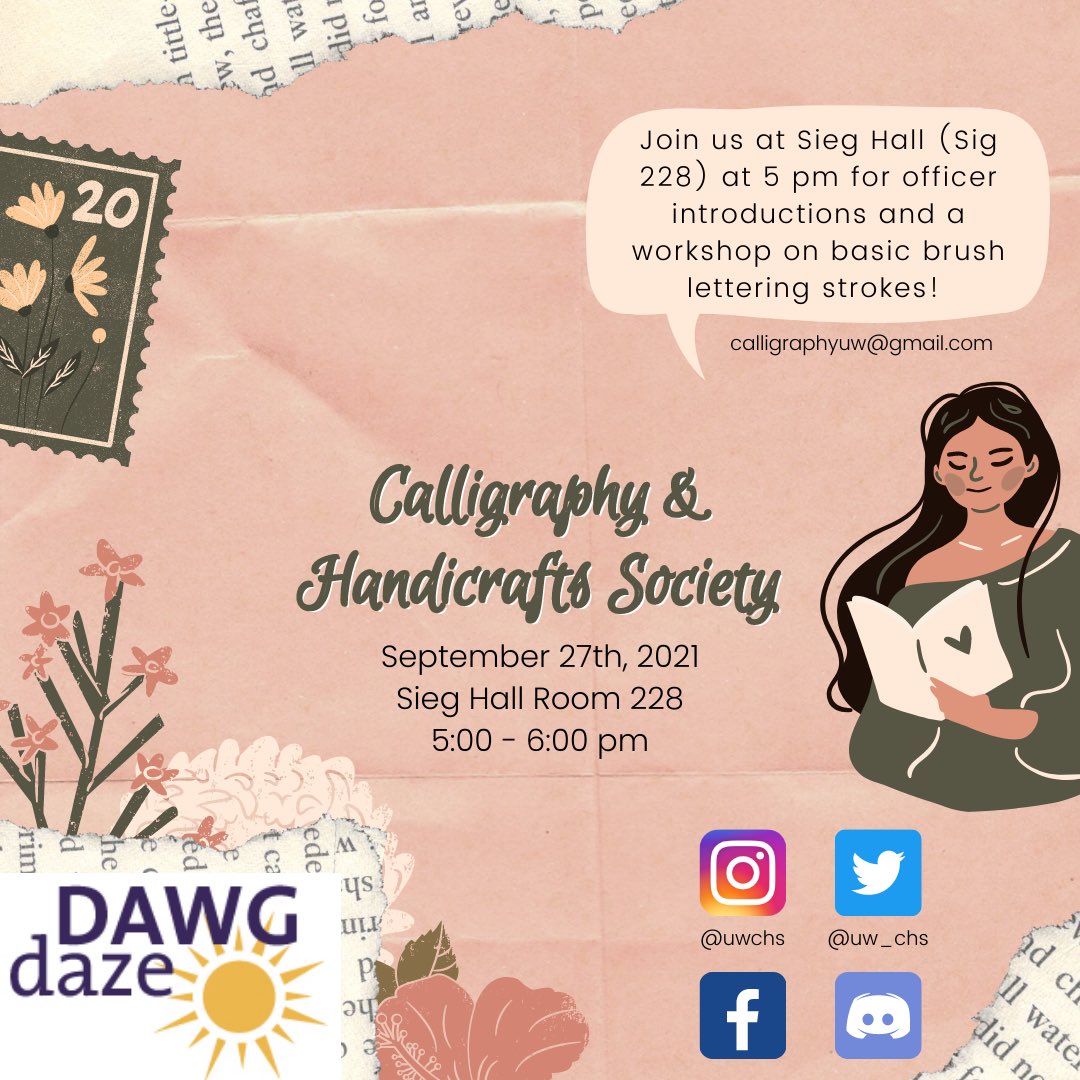 uw_chs's tweet photo. HEY DAWGS !!! CHS is back and thriving and we have our Dawg Daze event TOMORROW September 27th from 5-6pm !! Come join us at Sieg Hall 228 to meet the officers this year and to attend a quick workshop about basic brush lettering strokes !! Hope to see you there !! https://t.co/4HVpPmbX0J