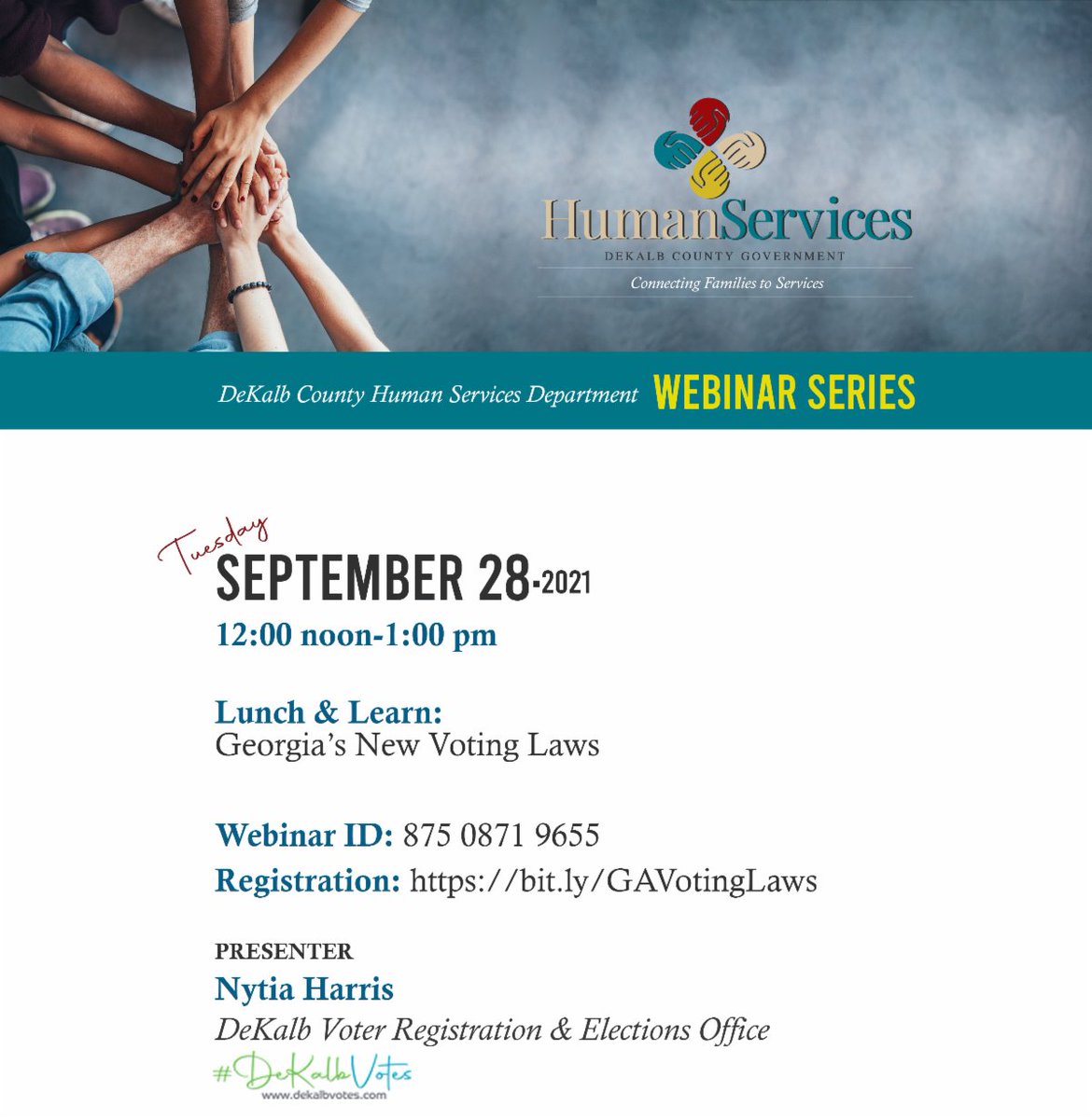 LouWalkerCenter's tweet photo. Lunch &amp; Learn: Georgia's New Voting Laws
Tuesday, September 28th
Noon - 1:00pm

Nytia Harris, from the DeKalb Voter Registration &amp; Elections Office will provide an overview of Georgia's new voting laws.

Visit https://t.co/NJTbdgaQGy to register. https://t.co/zbLMmAd0hM