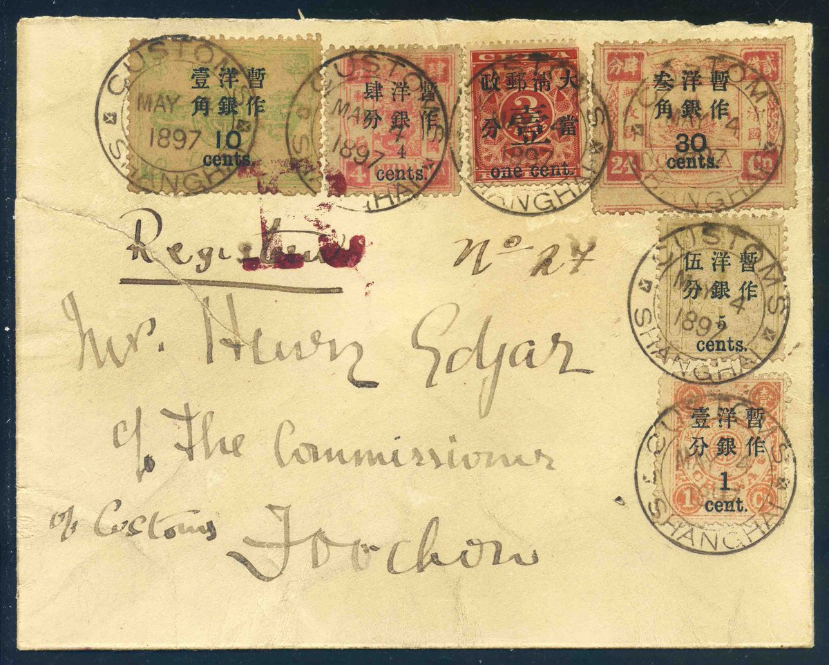 ZurichAsiaStamp's tweet photo. teaser of the upcoming #auction
lot 147
1897 (4 May) A cover from #Shanghai registered to #Foochow bearing #Red_Revenues large figures surcharged 1c on 3c
#RedRevenue #SmallDragon #Imperial_China #ImperialChina #Postal_History #PostalHistory #philately https://t.co/w1KsTfDtTy