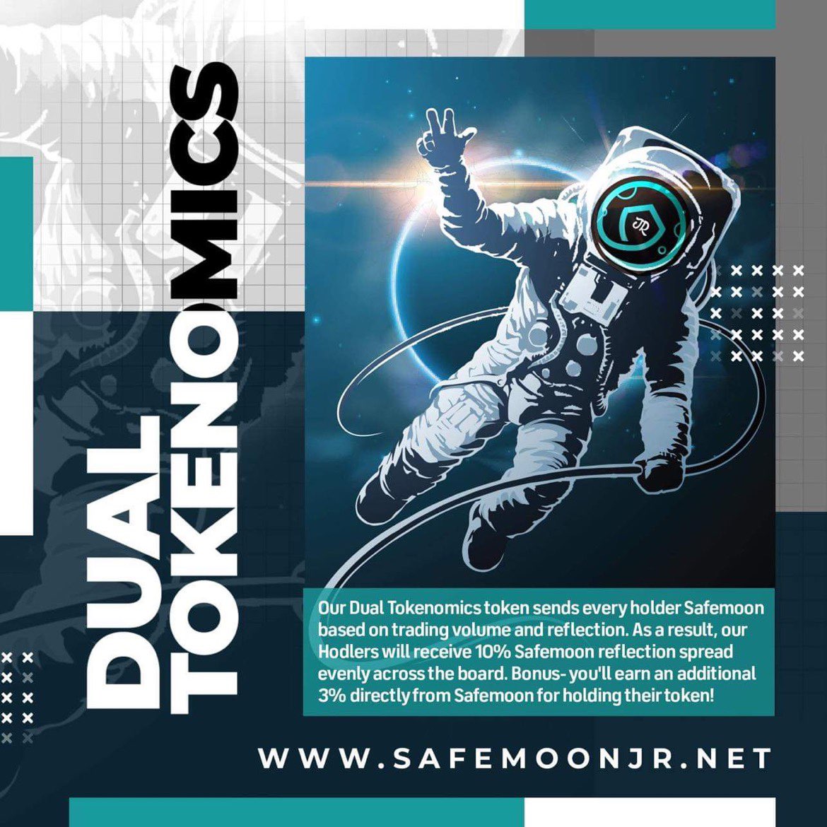 illeagleEth's tweet photo. Check out our #DualTokenomics

Once you start holding @safemoonjr you get paid in actual @Safemoon 

3% for holding #Safemoon 
10% for holding #Safemoonjr 
That's 13% Safemoon reflections it's what we call DualTokenomics! 

#SpreadLoveNotFud #OperationSES #Safemoon #Safemoonarmy https://t.co/SMJVBQmVbK