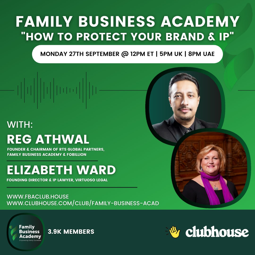 RegAthwal's tweet photo. Live Room Episode #161 - Monday 27th September at 8pm UAE (12pm ET, 5pm UK, 6pm CET, 9.30pm IST, 12pm SGT).

Is your Brand protected?

Link to join the FBA Club on Clubhouse: https://t.co/ksm2r12eVG.

Join the FBA Club via https://t.co/n748wUEnxO.

#familybusiness #familylegacy https://t.co/Tz11CsET2o