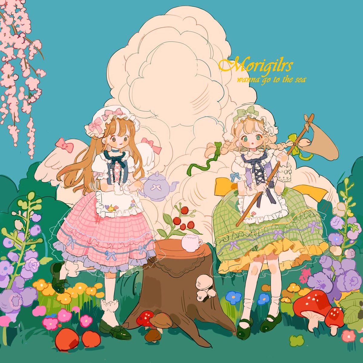 multiple girls 2girls flower tree stump mushroom dress braid  illustration images