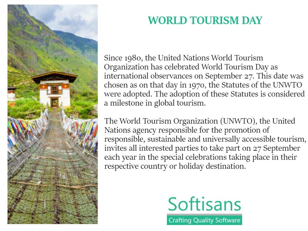 Softisans_com's tweet image. Since 1980, the United Nations World Tourism Organization has celebrated World Tourism Day as international observance on September 27. This date was chosen as on that day in 1970...
#softisans
#islamabad
#sqlserverdevelopment
#projectmanagement
#covid
#staysafe
#WorldTourismDay