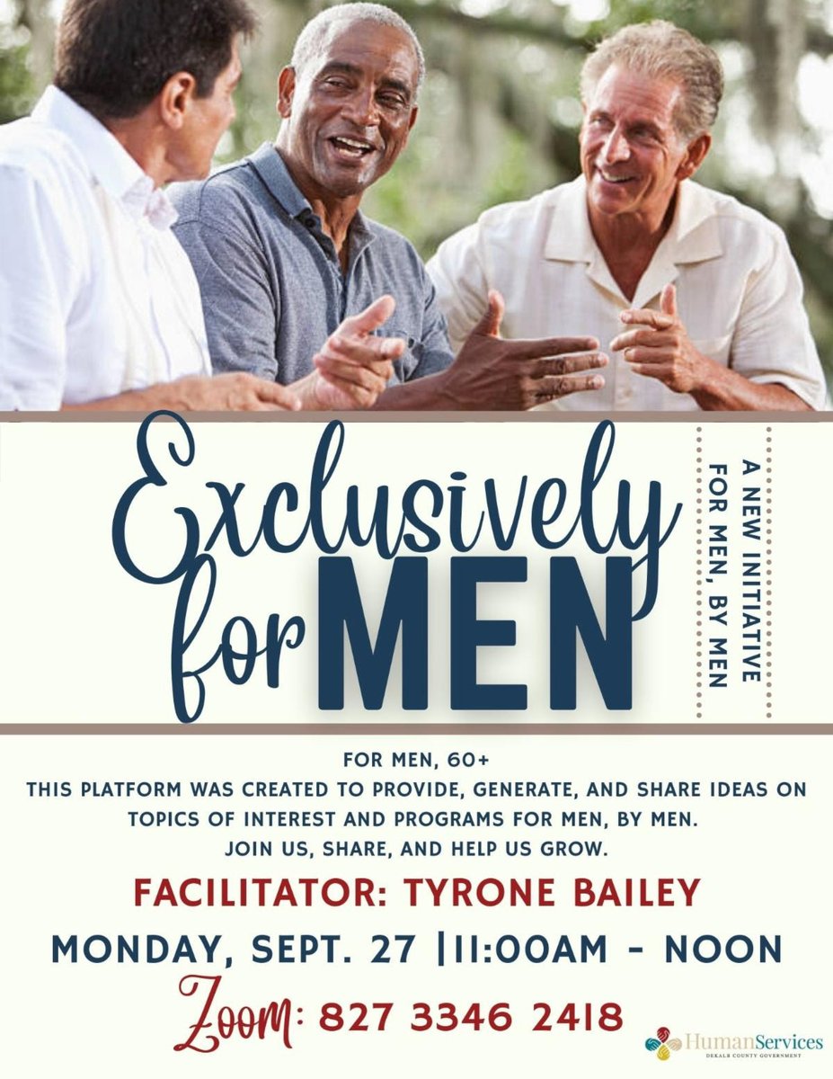 LouWalkerCenter's tweet photo. Exclusively for Men: A New Initiative for Men, by Men
Monday, Sept. 27 | 11:00am - Noon

Facilitator - Tyrone Bailey, Fitness Director

Topics of interest and programs for men.

Zoom access:
https://t.co/AVLHl6kPRV
@ItsInDeKalb https://t.co/cU3VobKaYD