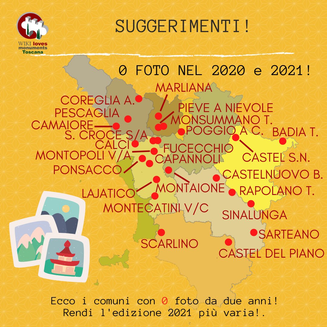WikiToscana's tweet photo. 📣 ATTENZIONE! Un censimento dei comuni partecipanti con i propri beni che non hanno foto caricate negli ultimi due anni.

Chi ha qualche foto in archivio?
#wikilovesmonuments #wikiLovesToscana https://t.co/TKVVLkarVk