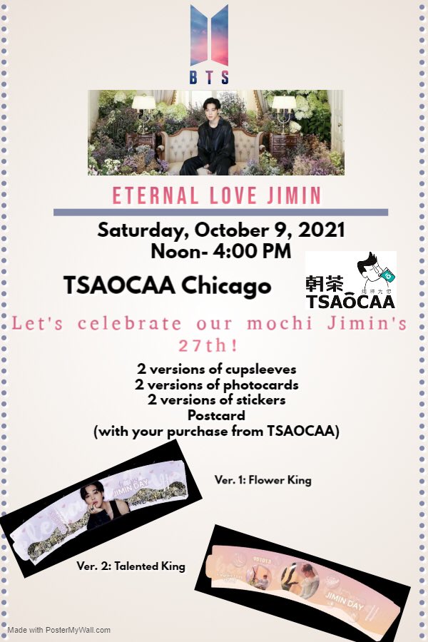 kpopwu's tweet photo. Hey Chicago Army! Are you excited to spend some time with other Army in honor of our mochi Jimin’s birthday? With the great turnout from BTS’ 8th anniversary, I’m honored to host a Chicago Cupsleeve event: Eternal Love Jimin. I hope to see you all there! https://t.co/lJwOP9sWpD