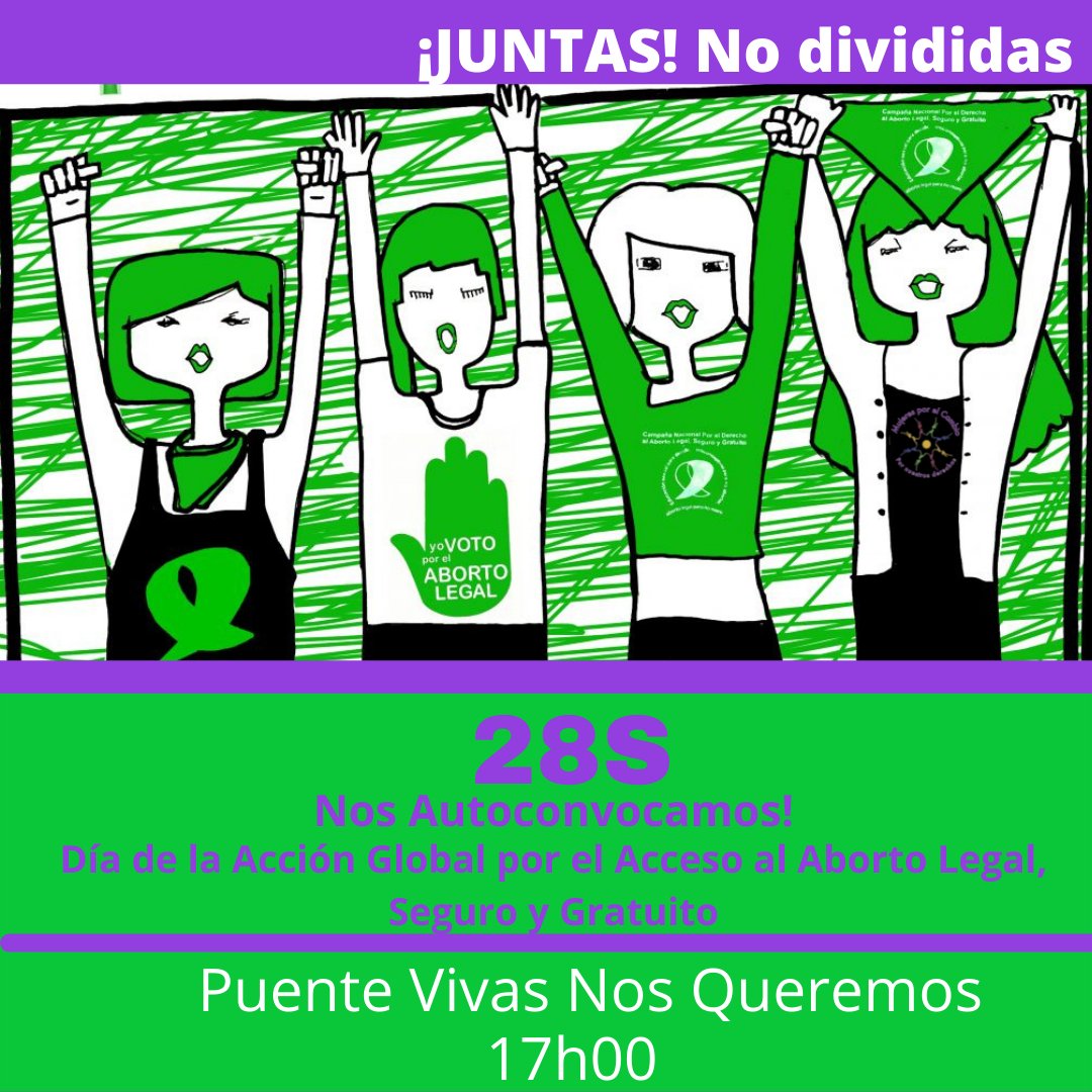 MujeresxCambioA's tweet photo. Les invitamos a participar este #28S  en #Cuenca
17h00
Puente Vivas nos queremos!
💜💜💜💚💚💚 https://t.co/Sjuy8q9srI