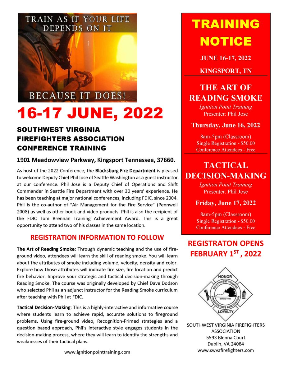 2022 Southwest Virginia Firefighters Association Conference Training.
 
swvafirefighters.com/event/2022-sou…