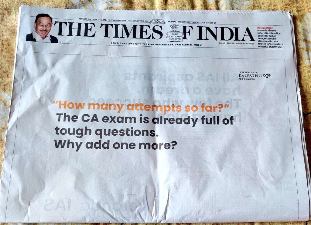 The Q that directly hit CA students on front page of TOI ! Smart job by Advt agency 

Intresting part is Advt to crack CA is on front page and to crack IAS is on second page

Guess CA seems more difficult to crack than IAS