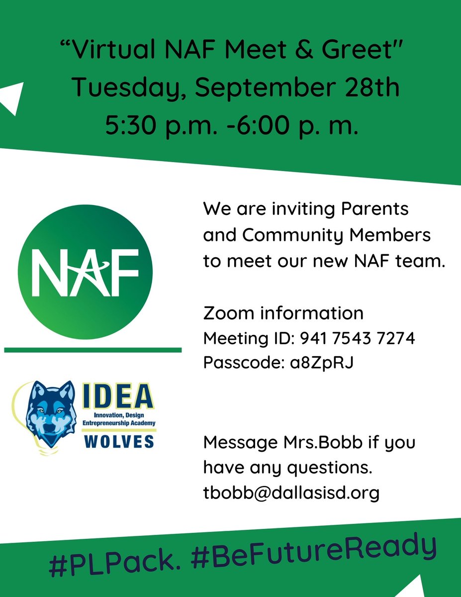 NAF_IDEA's tweet photo. We inviting the community members, mentors, and parents to come meet our 2021-2022 NAF team.  
#PLPACK #BeFutureReady @NAFCareerAcads
 @CTEinDallasISD https://t.co/CWy7Evh9ys