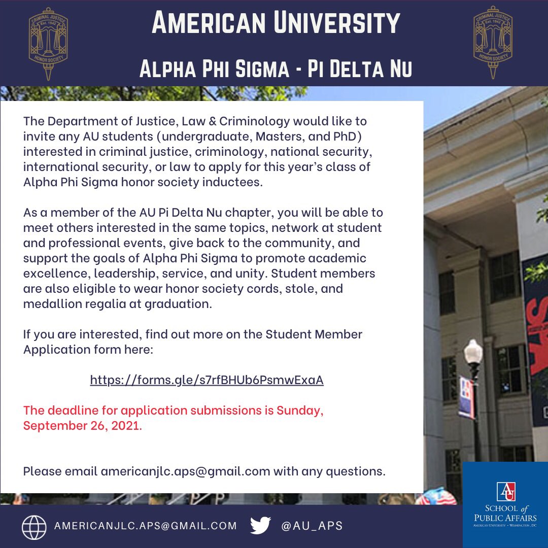apsamerican's tweet photo. 🚨REMINDER🚨: Pi Delta Nu invites all AU students (BA/S, MA/S, PhD) interested in criminal justice, criminology, national security, international security, or law to apply for the 2021 class of inductees.

More here: https://t.co/N2RhUhQeI2

Due: Sept. 27, 2021

@AU_SPA @AU_SIS https://t.co/hlXvNn7LS2