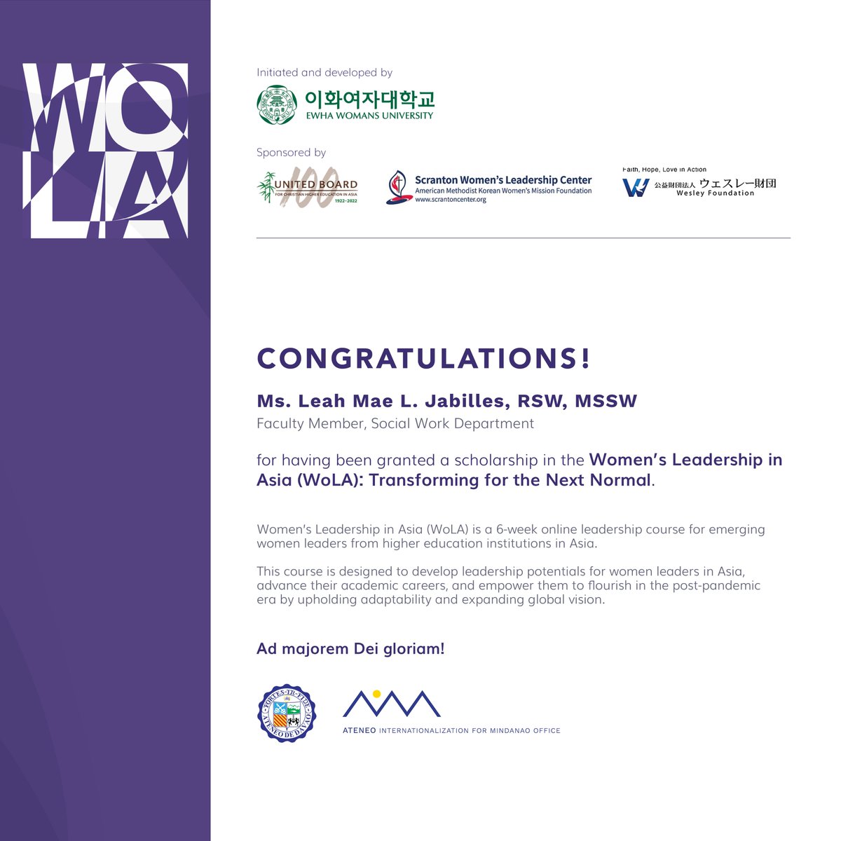 ADDU_Global's tweet photo. Congratulations to Ms. Leah Mae L. Jabilles, RSW, MSSW, a faculty member of our Social Work Department, for having been granted a scholarship in the Women’s Leadership in Asia (WoLA): Transforming for the Next Normal.
#AIMAlert
#ADDUGlobal
#GlobalMindanao https://t.co/Ii10wukvYw