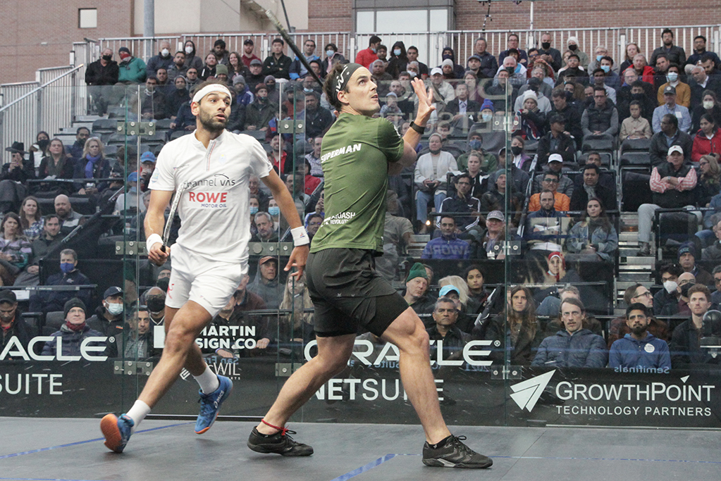 ONOSquash's tweet photo. 2021 Oracle NetSuite Open Semifinals
[4] Paul Coll (NZL) d [1] Mohamed Elshorbagy (EGY) 2-1: 9-11, 11-7, 11-8 https://t.co/in0lf4c9O1