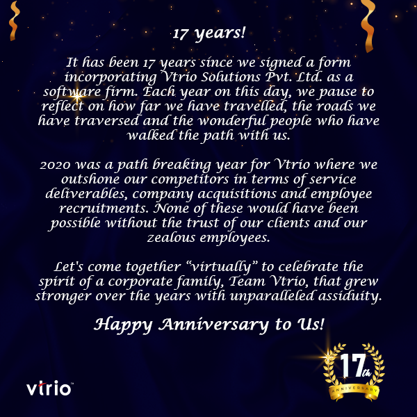 vtriosolutions's tweet image. Today, Vtrio turns 17...and we couldn&apos;t be more proud of our achievements! We are thankful to everyone who&apos;s been part of the journey with us...
#team #gratefuleveryday #humbled #successtogether  #anniversarycelebration #CompanyMilestone #17years #technology
