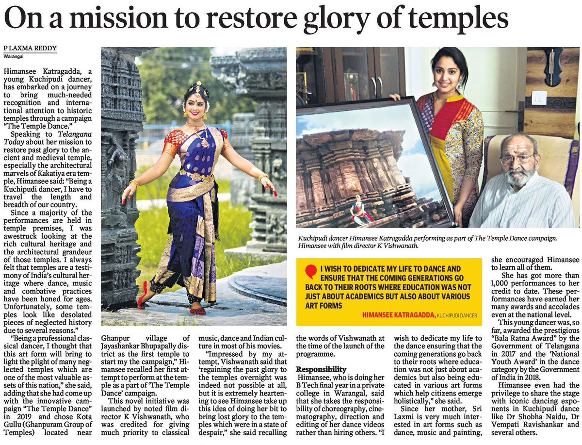 ysathishreddy's tweet photo. Himansee Katragadda, a young Kuchipudi dancer from #Warangal came up with a novel initiative ‘The #TempleDance’ with a mission to restore glory of historic temples 👏🏻
With more than 1000 performances, she has also won ‘ #BalaRatna Award”🏅 by the #TSGovt
#Telangana
@KTRTRS https://t.co/wBBFI8CNGn