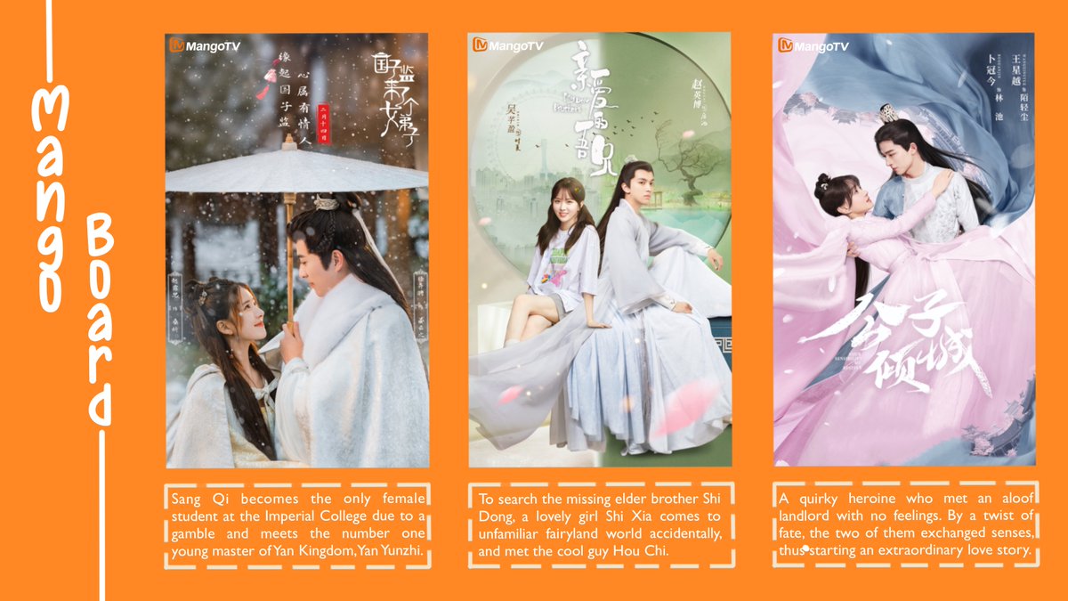 hunantvchina's tweet photo. #MangoBoard [costume drama]
HIT Chinese costume drama recommend🔥Get it all on #MangoTV!
🔸 #AFemaleStudentArrivesattheImperialCollege: https://t.co/sjn3iPmB1k
🔸 #MyDearBrothers: https://t.co/12WSynmfjf 
🔸 #YourSensibilityMyDestiny: https://t.co/BZu3yQjGjL https://t.co/fH1GZrUHft