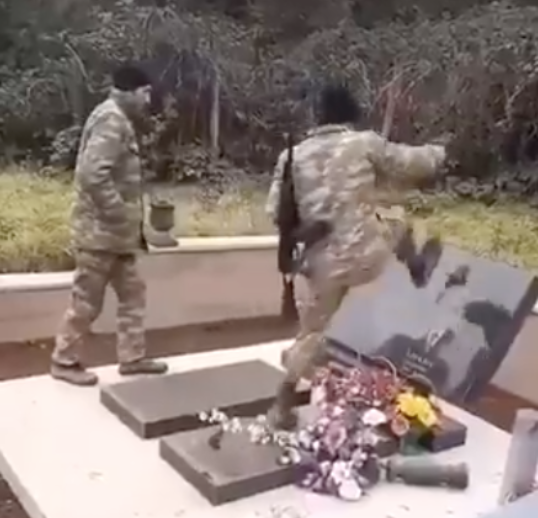 Azerbaijani soldiers destroying Armenian graves. How low of a human being do you need to be to do this?Disgusting. #StopAliyev