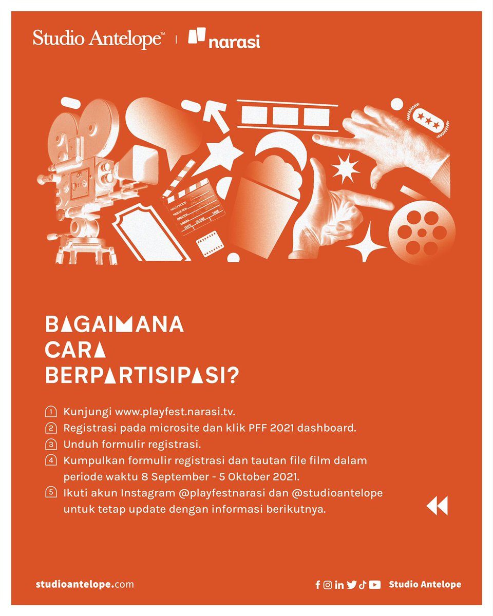 WatchmenID's tweet image. Playfest Film Festival! 

Festival film pendek kolaborasi "Studio Antelope" dan "Playfest Narasi" + "Narasi TV" ini lagi ngadain open submission tuh, deadline-nya 5 Oktober 2021.

Yang tertarik bisa baca persyaratan sebelum daftar ya. Silakan disebarkan!
