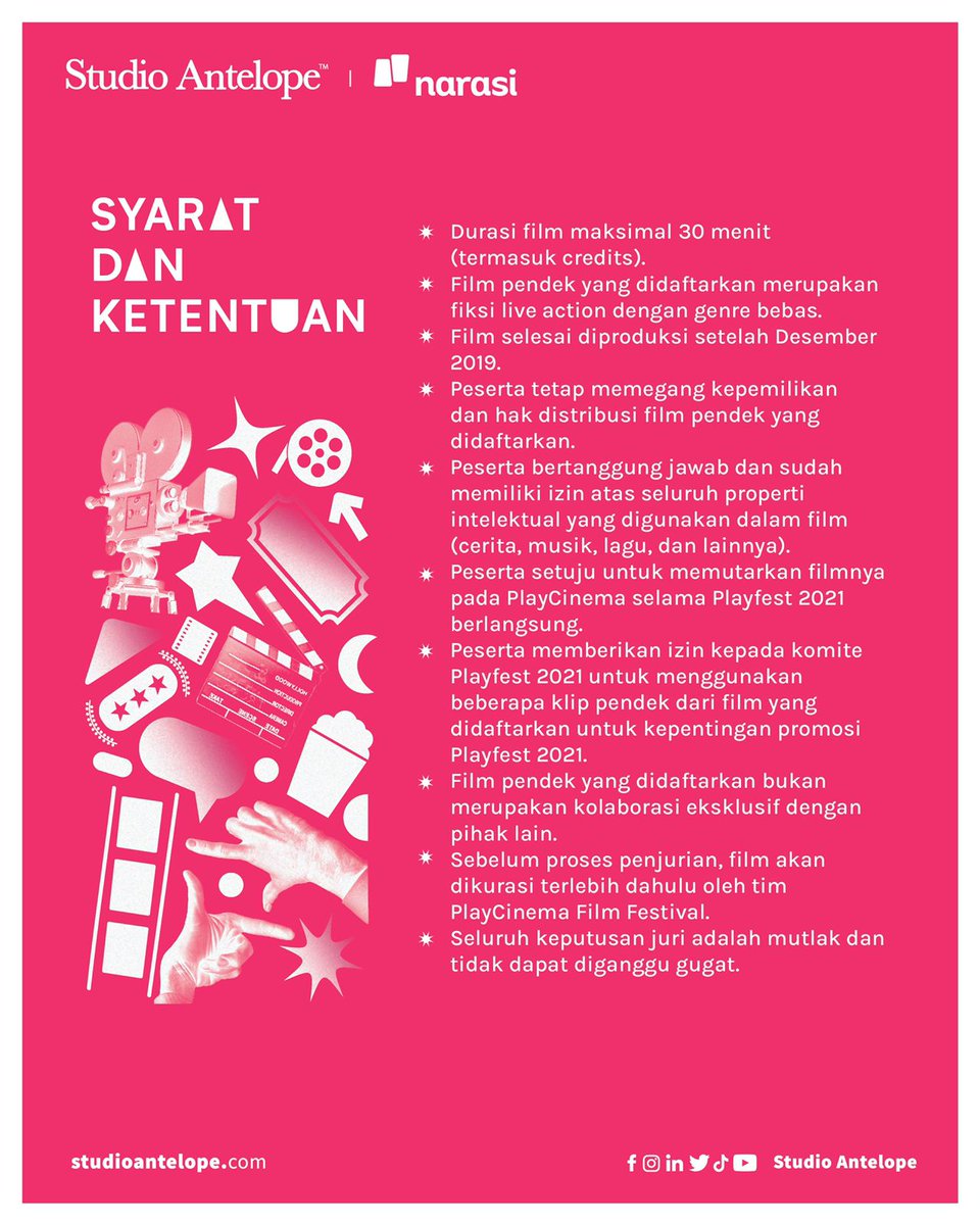WatchmenID's tweet image. Playfest Film Festival! 

Festival film pendek kolaborasi "Studio Antelope" dan "Playfest Narasi" + "Narasi TV" ini lagi ngadain open submission tuh, deadline-nya 5 Oktober 2021.

Yang tertarik bisa baca persyaratan sebelum daftar ya. Silakan disebarkan!