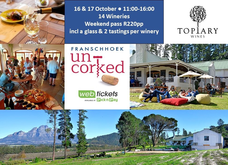 Make sure Topiary Wine Estate is one of your pit stops along the Franschhoek Uncorked route. It's a stunning venue with fab views great wines and superb food and the team there are always up for a good time. Get your weekend pass for only R220pp from <a href="/webticketsSA/">webtickets.co.za</a>