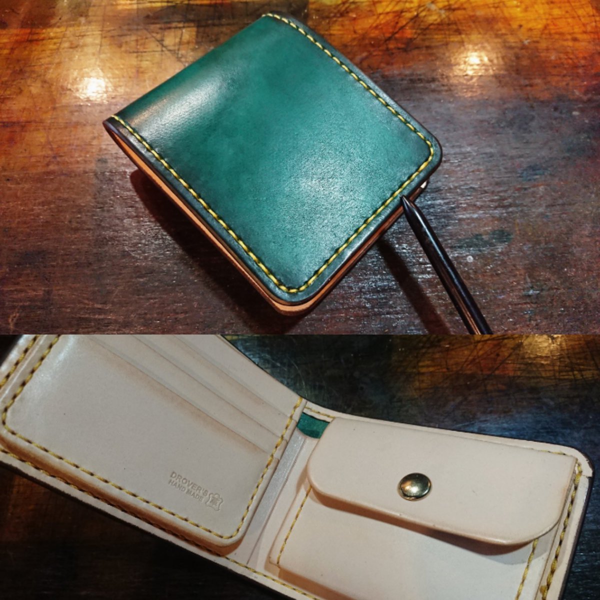 drovers_cottage's tweet photo. 仕上がったばかり
店頭販売品のお財布✨

外装は
人気の手染めグリーン
ボカシなどのムラ感も手作業ならでは。

内装は染め無しのナチュラル

糸は黄色

コンパクトで
とても素敵なお財布です✨

自分へのご褒美に！
大切な方への贈り物に！

気になる方はお早めに(^^)

#青森県
#青森市
#革製品 https://t.co/XDlIWreSKe