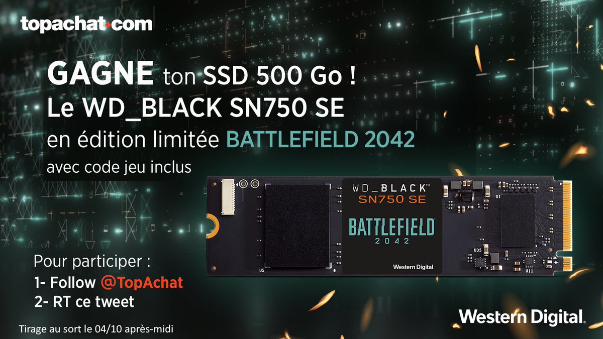 TopAchat's tweet image. 🎁 #Concours 🎁

Gagne ton SSD 500 Go : le WD Black SN 750 SE Battlefield Edition 500 Go !
(Avec code jeu inclus)

topachat.com/pages/detail2_… 

Pour participer :
👉 Follow @TopAchat 
👉 #RT

🍀 TAS le 04/10 après-midi