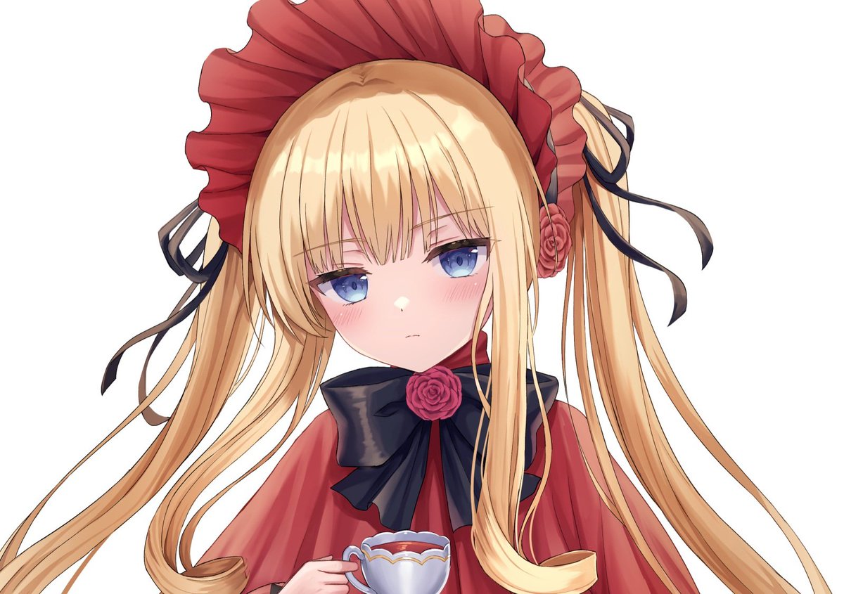 shinku 1girl solo blonde hair cup long hair blue eyes white background  illustration images