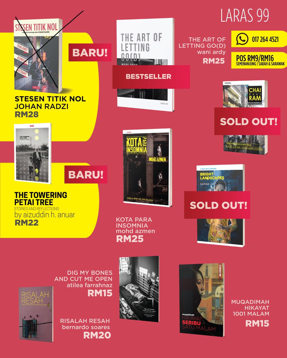 Laras sudah beroperasi sepenuhnya meski bukan semua buku dicetak. Whatsapp untuk membeli dan email jika ada karya bagus dan sesuai untuk kami.
