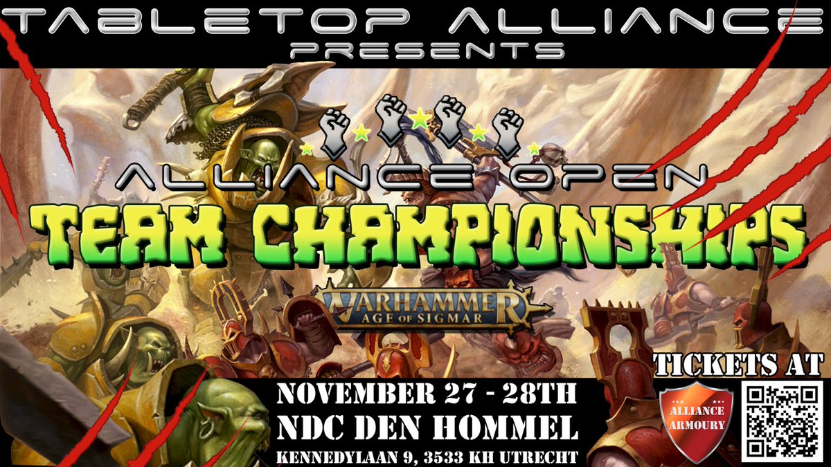 TabletopAlly's tweet photo. The #AllianceOpen #TeamChampionships are coming your way! 4-player teams are duking it out for the crown at the #AOTC on Nov. 27+28 2021. Get your tickets here: https://t.co/BVuEtaKszl #ageofsigmar #warhammer #warhammertournaments #warhammeraos https://t.co/0BsdHFfksc