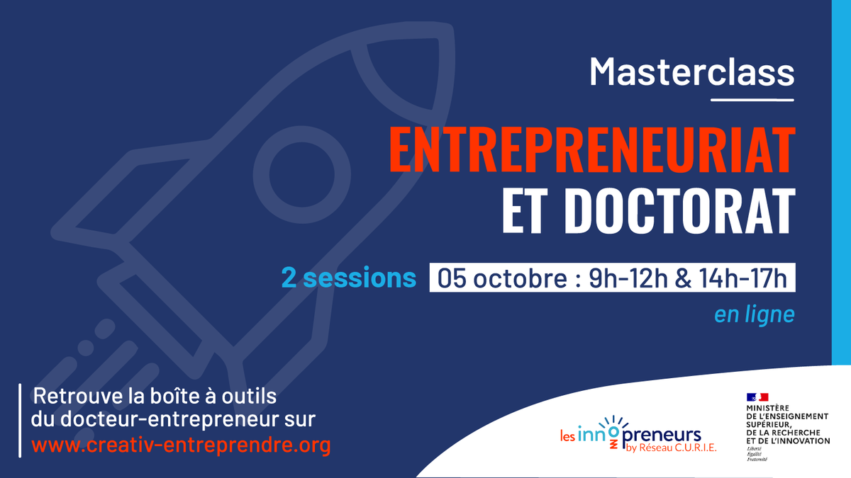 LesInnopreneurs's tweet photo. 🚀 Vous êtes doctorant.e ? La création de #startup issue de la recherche publique vous intéresse ? Pour la Semaine CREATIV' et avec le soutien de @sup_recherche, @LesInnopreneurs by Réseau C.U.R.I.E vous expliquent tout !

👉 S'inscrire : https://t.co/UH4YizzlKr

@PepiteFrance https://t.co/meSu5Wc8jT