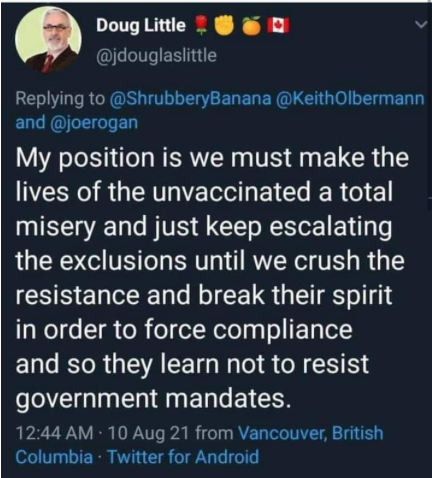 3) discrimination: prevent unvaccinated individuals from participating in society 
<a href="/jdouglaslittle/">Doug Little 🌹✊</a> <a href="/joerogan/">Joe Rogan</a> 
5/n