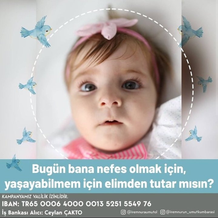 Merhaba güzel insanlar🌺
Bugün İrem Nur için bağışta bulunur musunuz? Çevrenize ondan bahseder misiniz? Ne kadar çabuk ilacını alırsa alsın kadar az kayıp yaşayacağından da bahseder misiniz?
Sizlerden başka çaresi yok biliyorsunuz Bakıp geçmeyin lütfen 
#iremenefesol