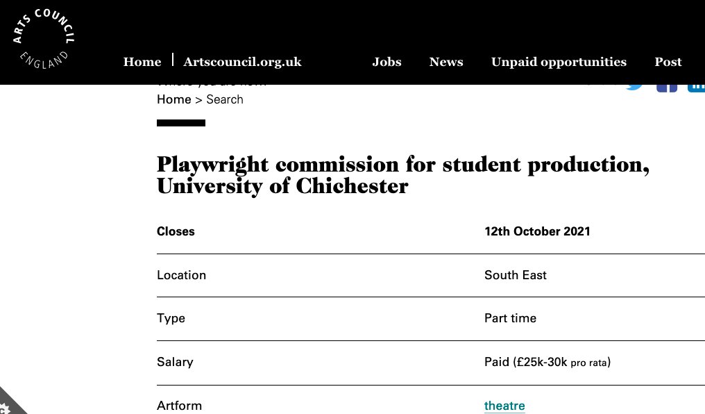 Come write a play for our fantastic third-year #acting students at <a href="/ChiUniTheatre/">Chichester University Theatre Dept.</a> <a href="/chiuni/">University of Chichester</a> ! Apply here: artsjobs.org.uk/index.php?id=2… PLEASE RETWEET #actortraining #highereducation #newplay #playwright